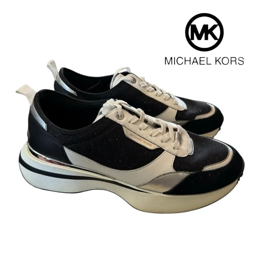 MICHAEL Michael Kors Flynn Lace-up Black White Silver Glitter Sneakers 10